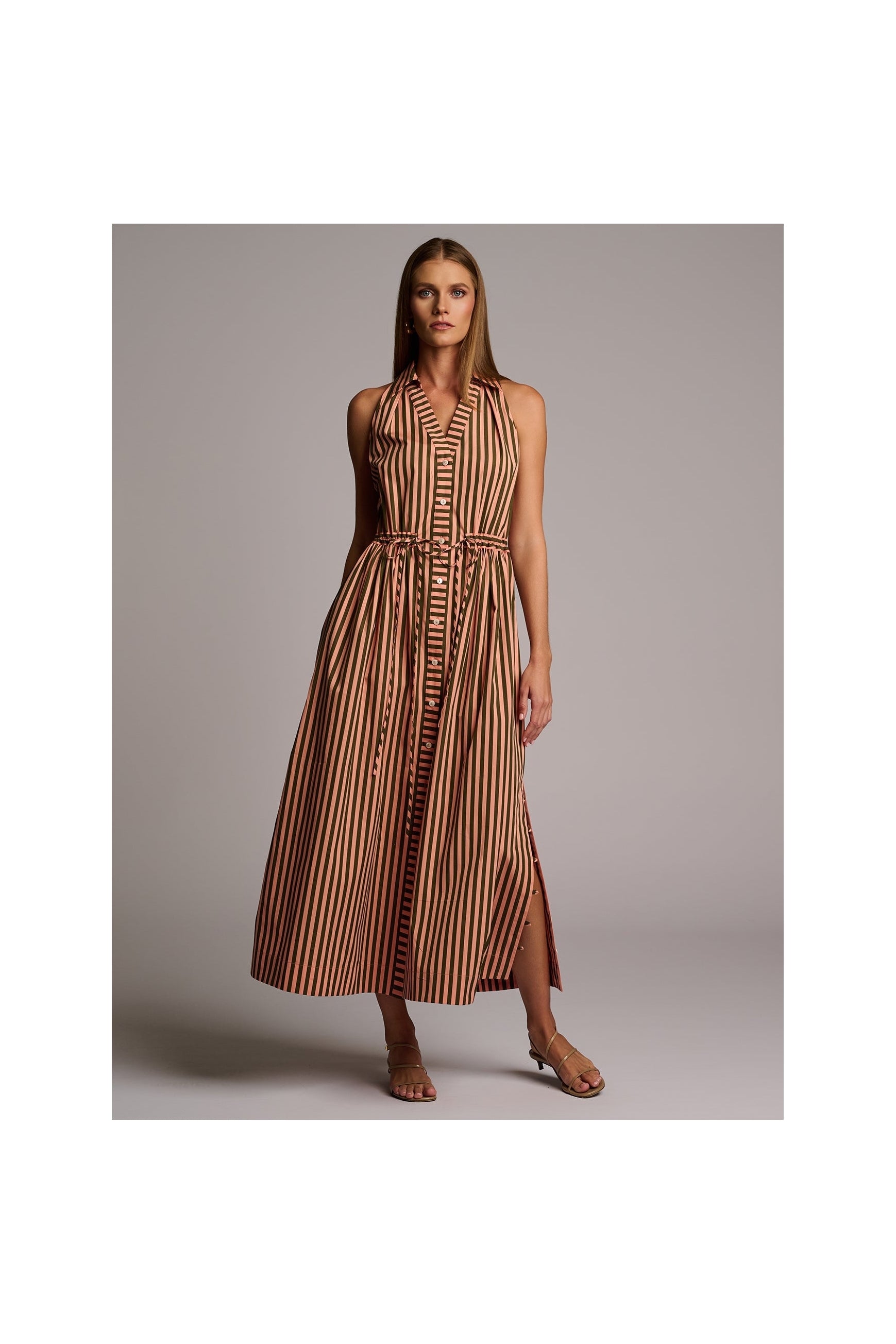 STELLA DRESS  - APRICOT STRIPE HEVRON