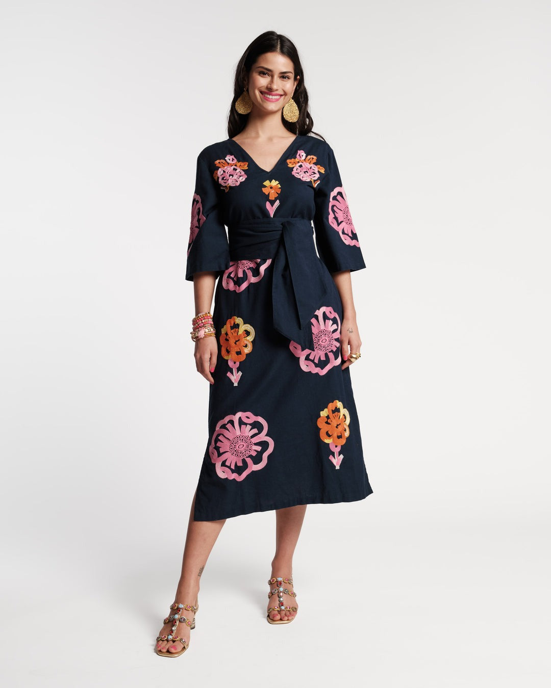 Frances Valentine Emi Dress Graphic Gerbera Cotton Linen Navy/Pink