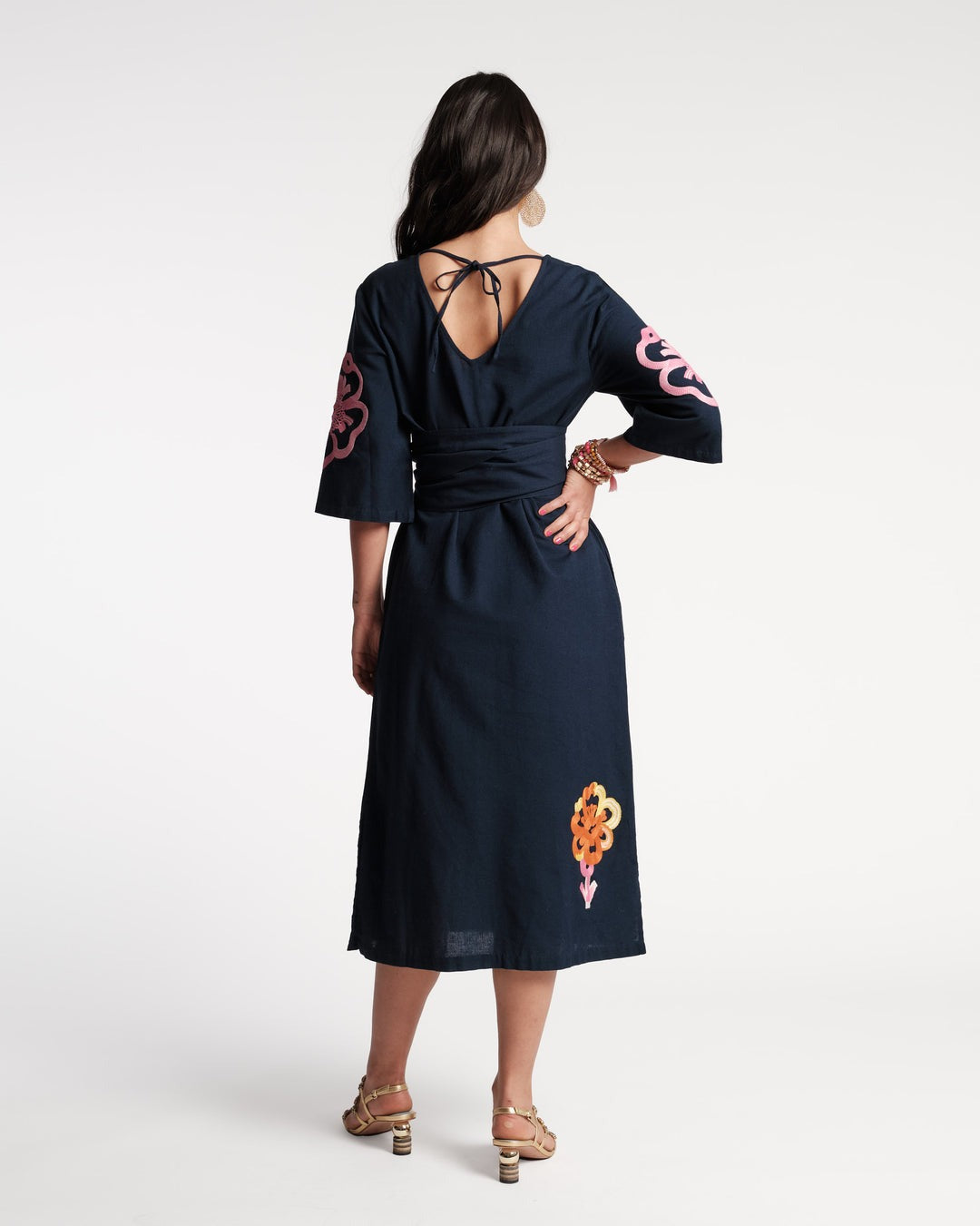 Frances Valentine Emi Dress Graphic Gerbera Cotton Linen Navy/Pink