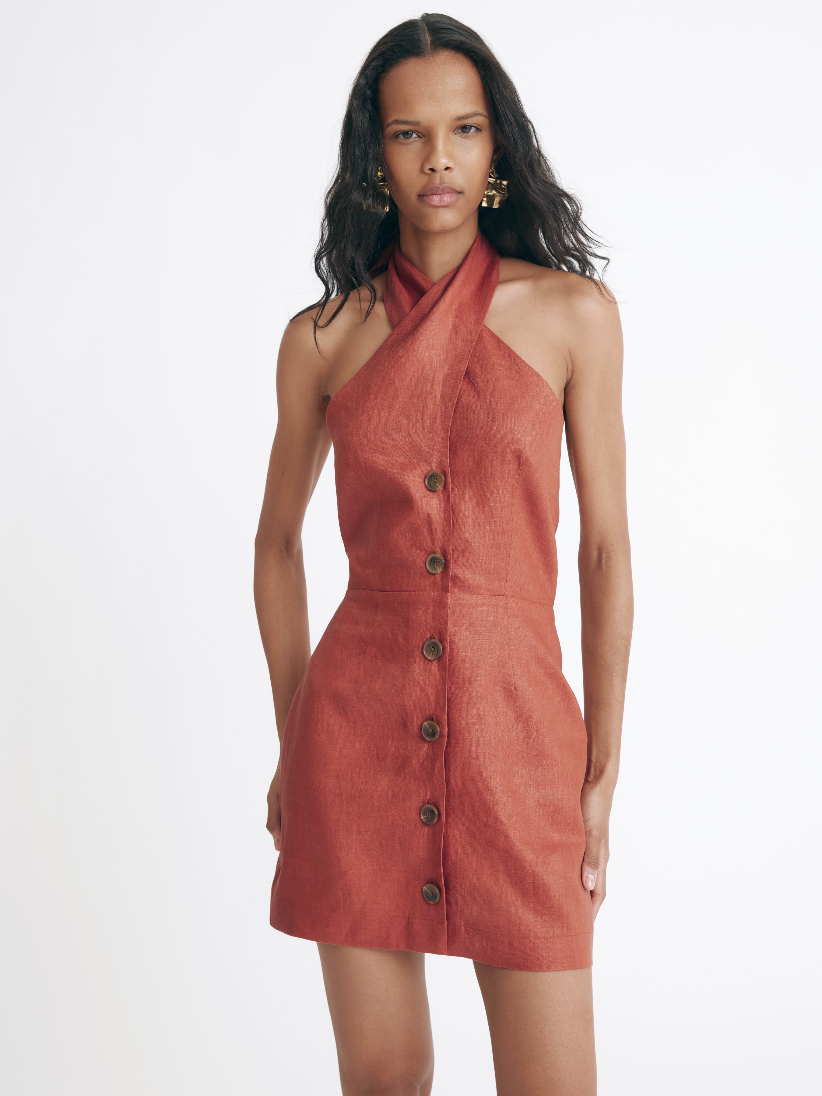 Matthew Bruch Twist Button-Up Mini Dress Terracotta Linen
