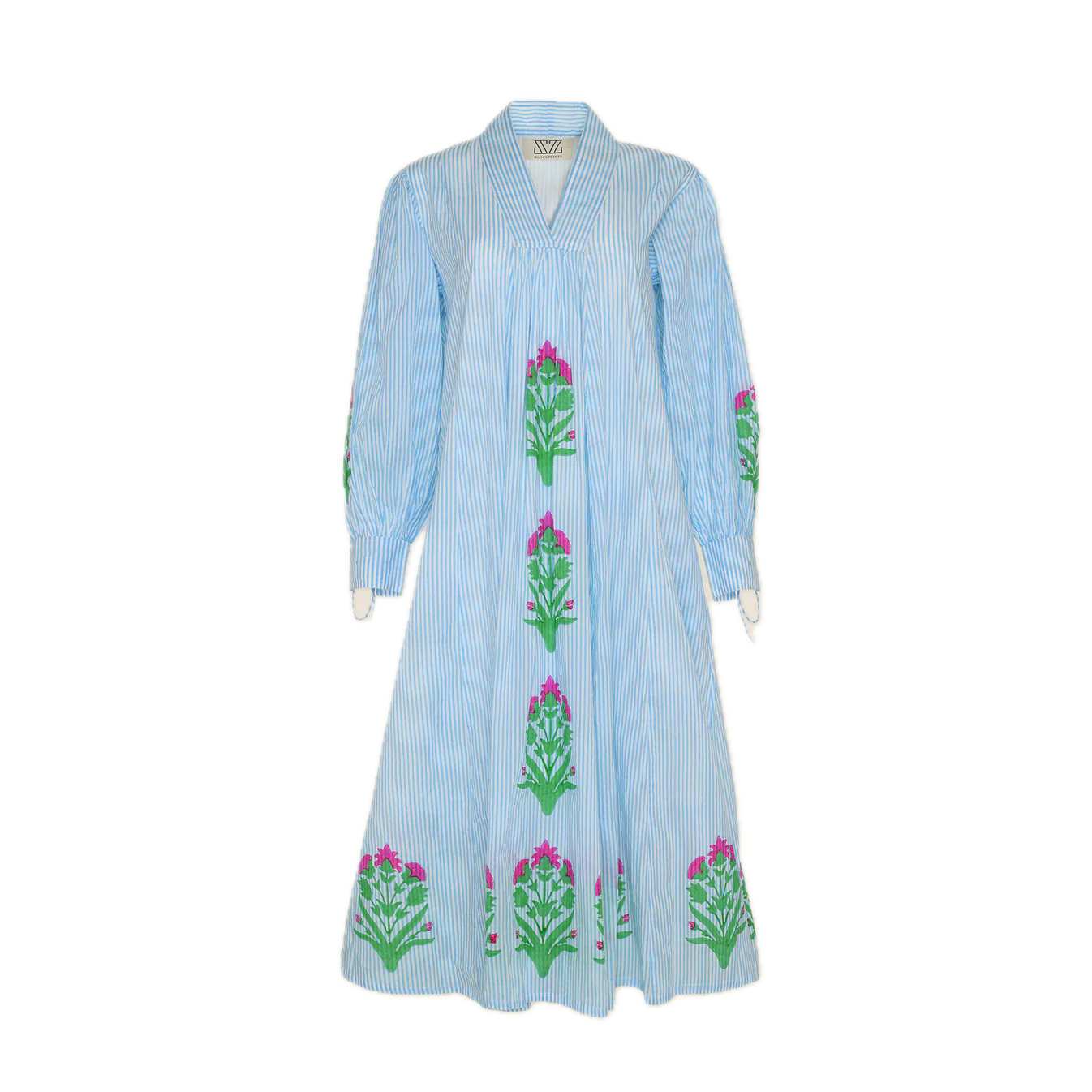 Light Steel Blue Leo Dress in Palladio Garden & Thin Stripes
