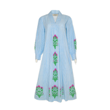 Light Steel Blue Leo Dress in Palladio Garden & Thin Stripes