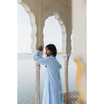 Light Gray Leo Dress in Palladio Garden & Thin Stripes