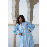 Light Gray Leo Dress in Palladio Garden & Thin Stripes