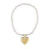 Pearl Necklace with Ribbed Heart of Gold Charm