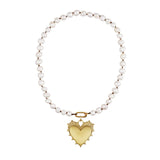 Pearl Necklace with Ribbed Heart of Gold Charm