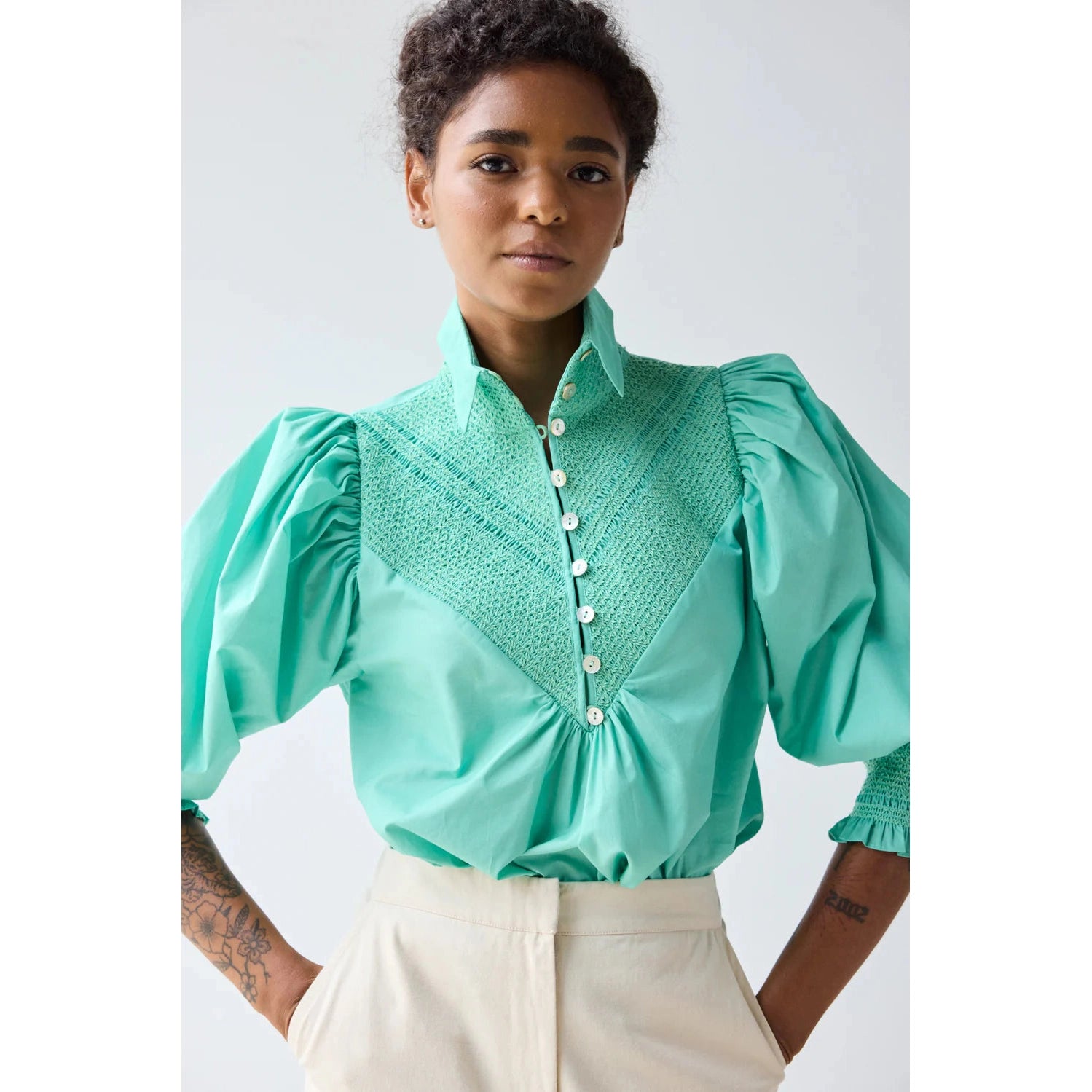 Smocked Shirt Aqua Sky Hope for Flowers by Tracy Reece