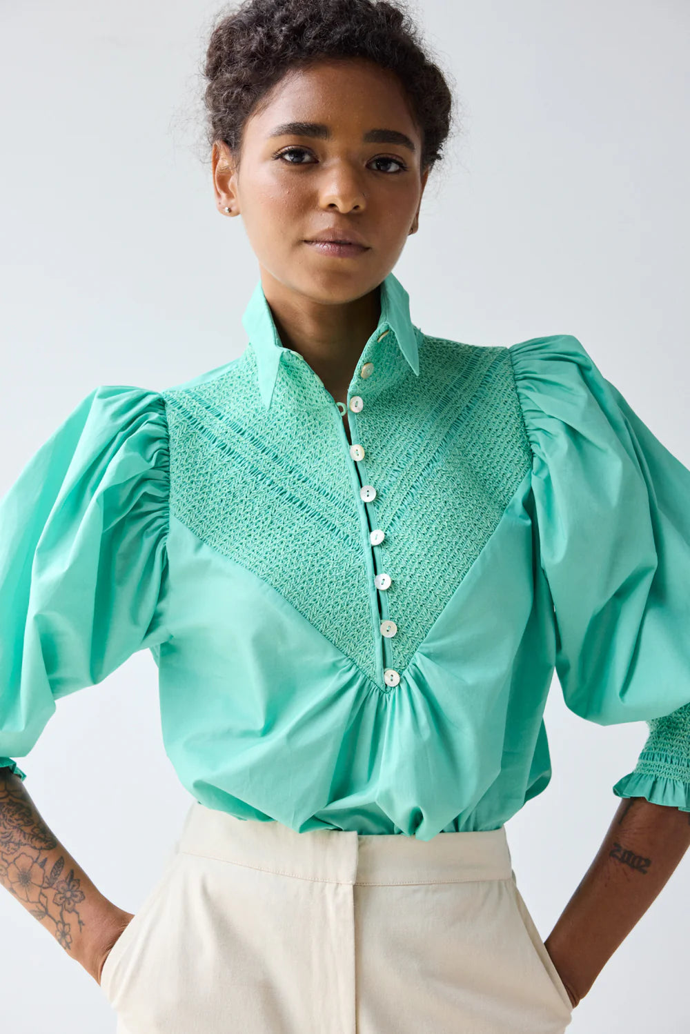 Smocked Shirt Aqua Sky Hope for Flowers by Tracy Reece