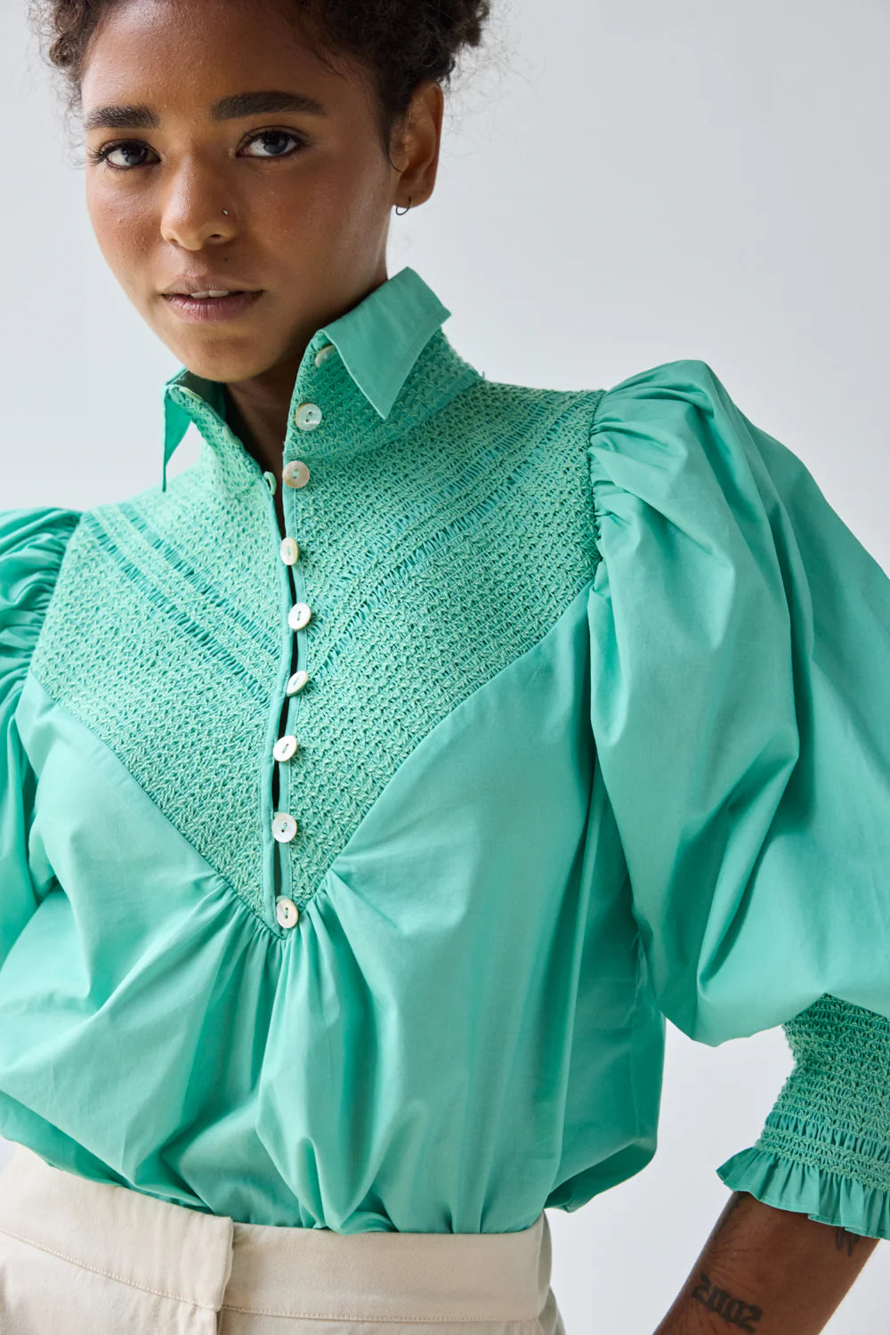 Smocked Shirt Aqua Sky Hope for Flowers by Tracy Reece