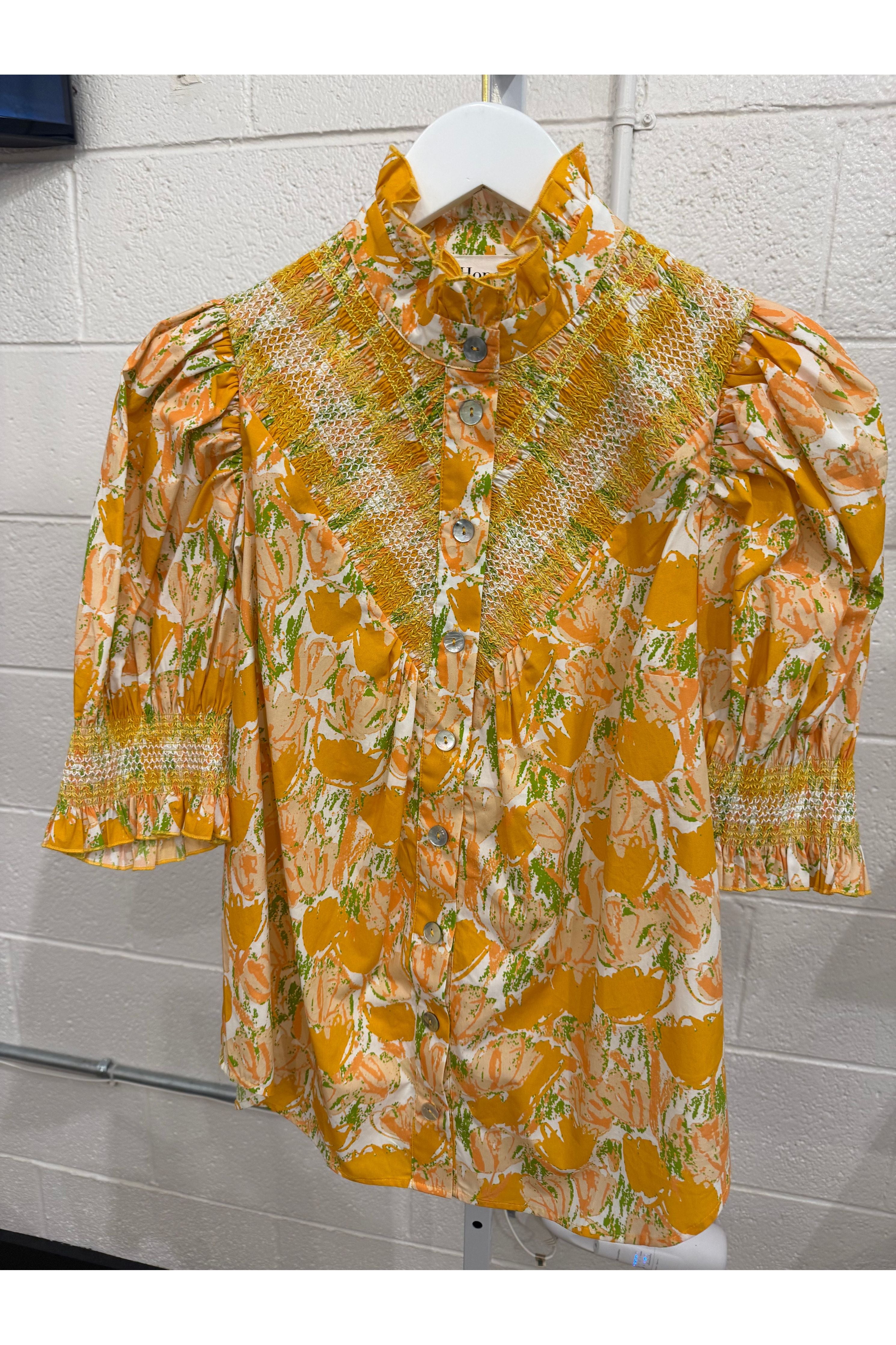 Short Sleeve Smocked Shirt Peach Tulips Hope for Flowers by Tracy Reece