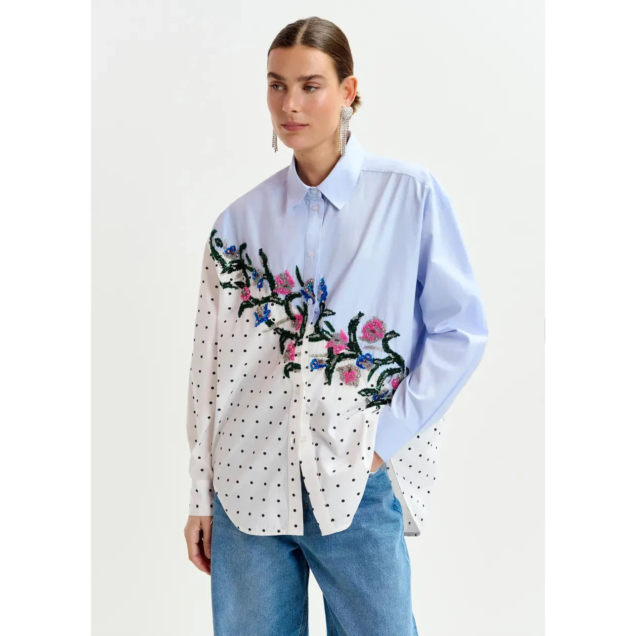 Lavender Cotton shirt with sequin flowers and polka dot contrast
