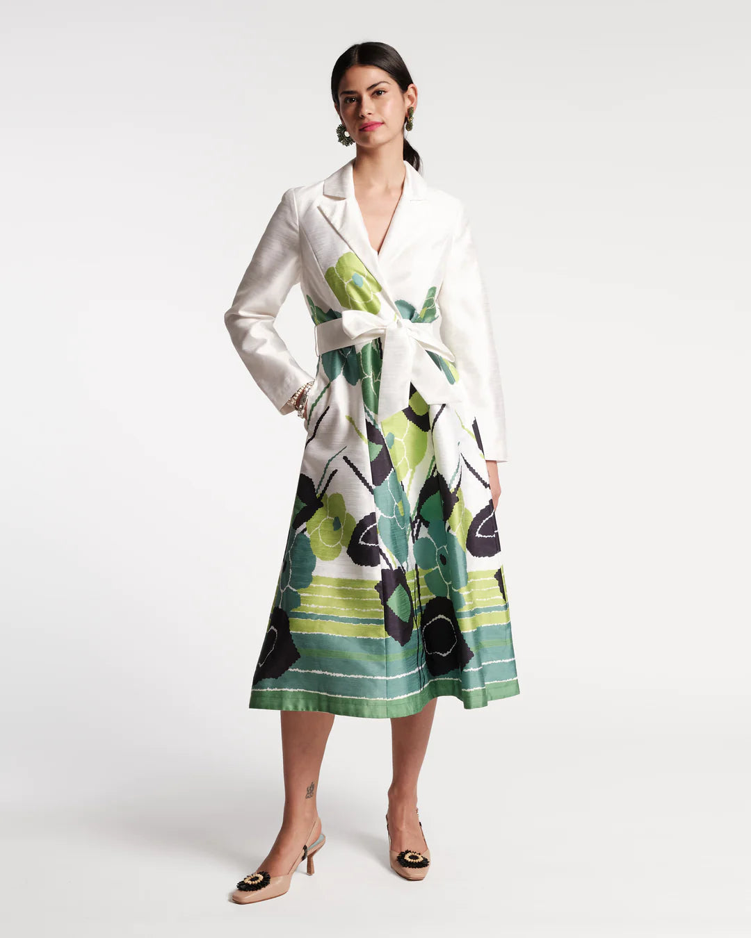 Frances Valentine Lucille Wrap Dress Grass is Greener Poly Dupion Green/Multi