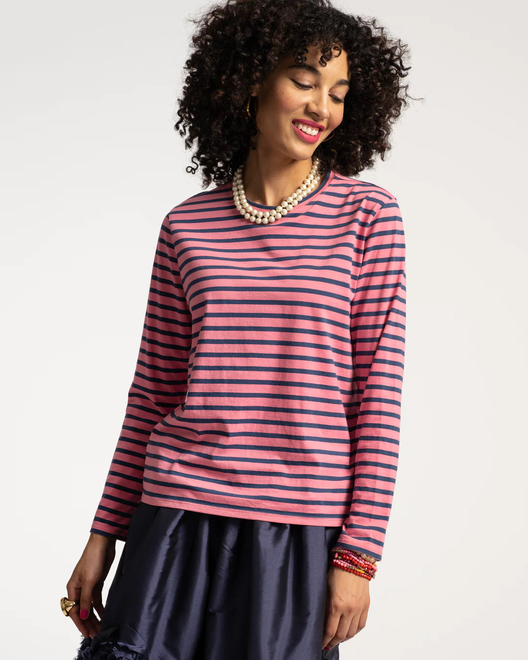 Frances Valentine Striped Top Puma Cotton Pink Oyster Thick Navy Thin