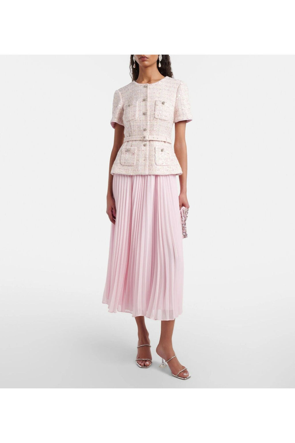Pink Sequin Boucle Tailored Midi Dress SELF-PORTRAIT