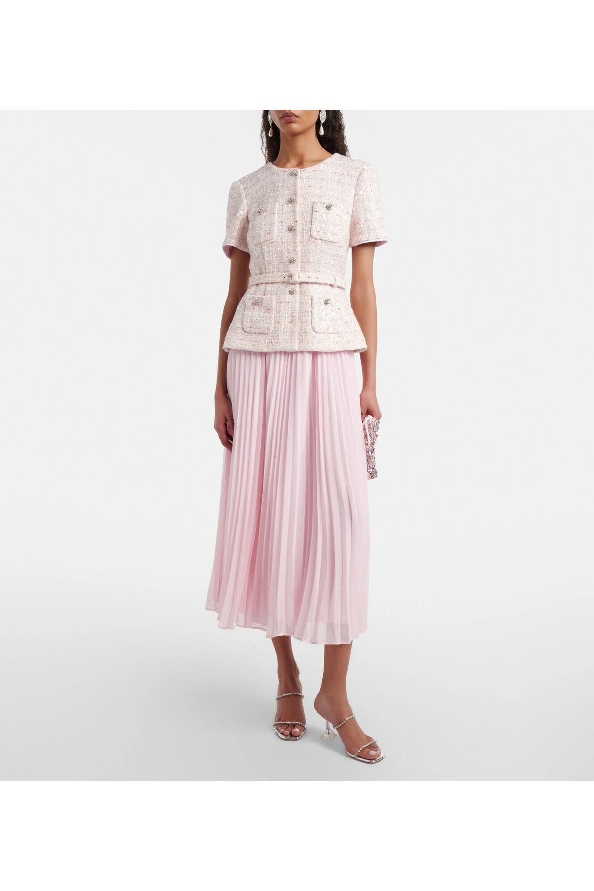 Pink Sequin Boucle Tailored Midi Dress SELF-PORTRAIT
