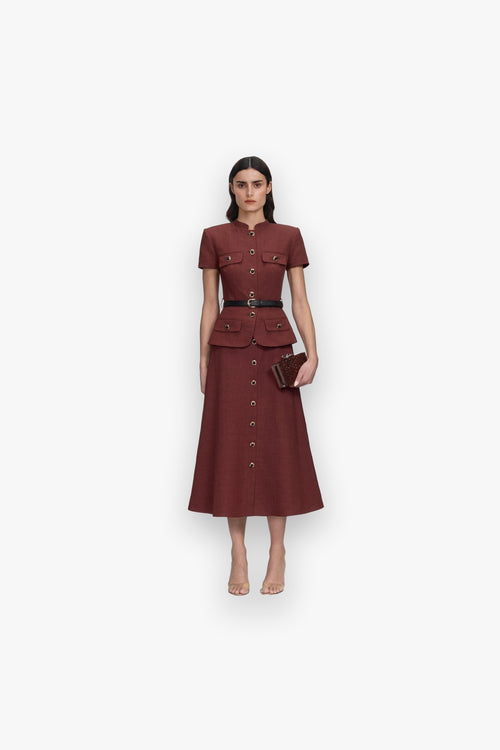 BROWN PEPLUM LINEN MIDI DRESS SELF-PORTRAIT