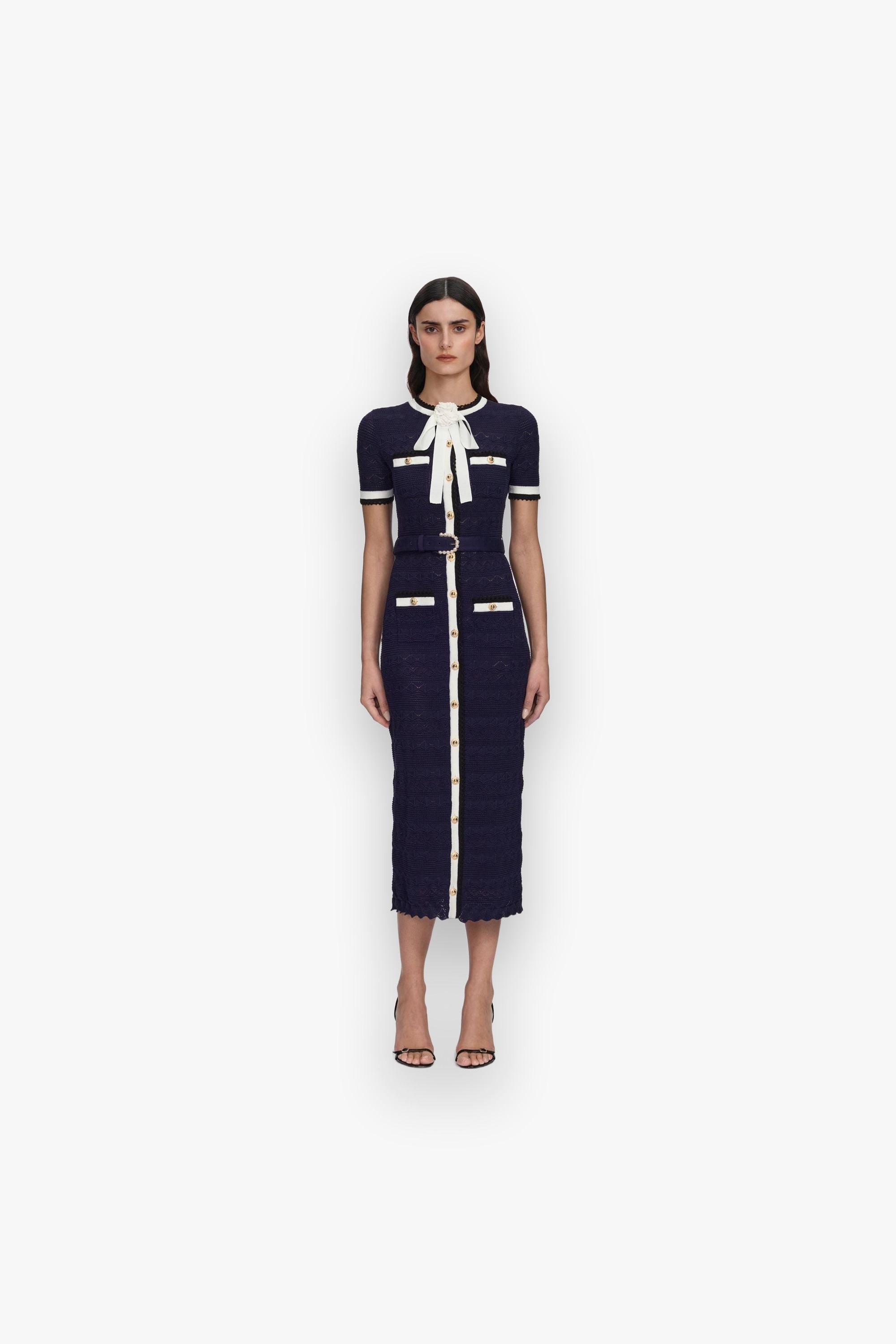 NAVY POINTELLE KNIT MIDI DRESS SELF-PORTRAIT