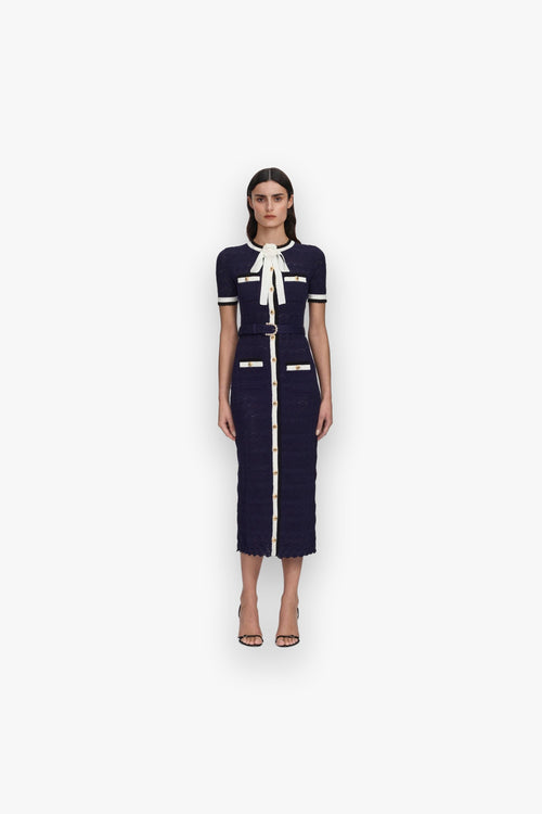 NAVY POINTELLE KNIT MIDI DRESS SELF-PORTRAIT
