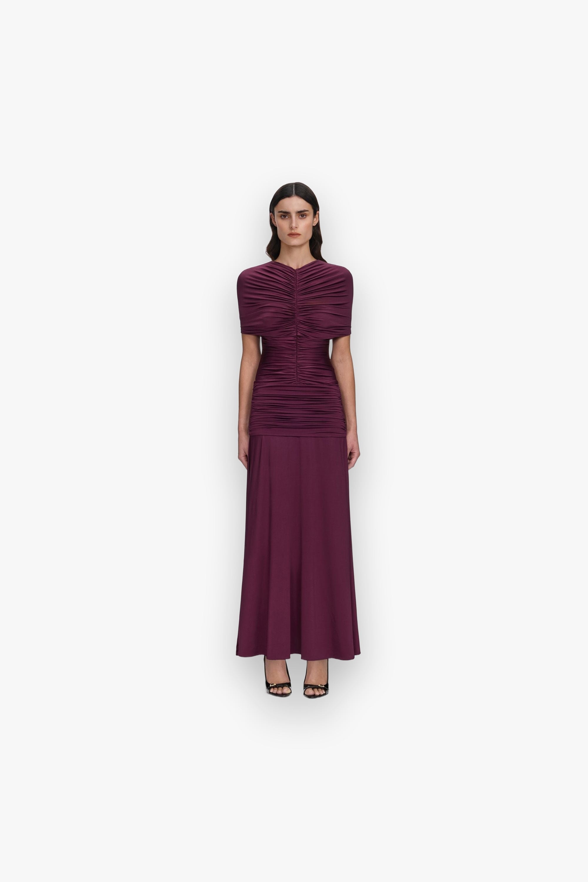 BURGUNDY JERSEY GATHERED MIDI DRESS SELF-PORTRAIT