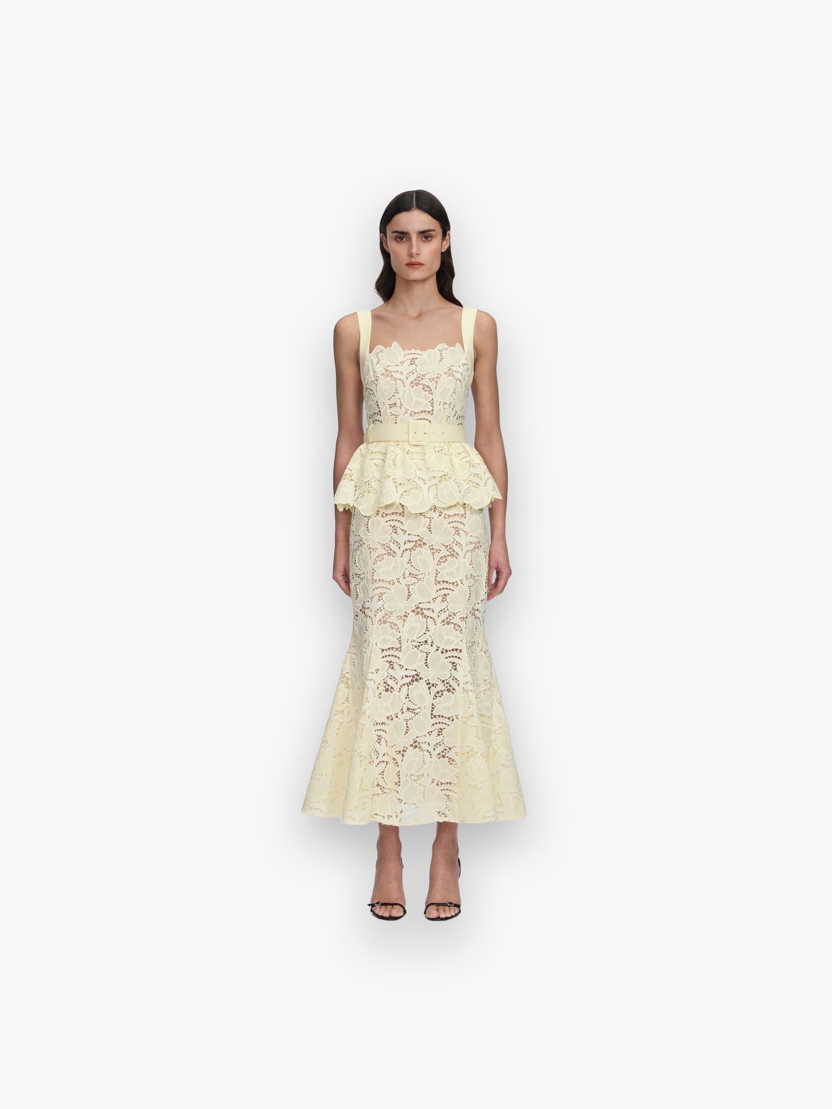 YELLOW LACE PEPLUM MIDI DRESS SELF-PORTRAIT