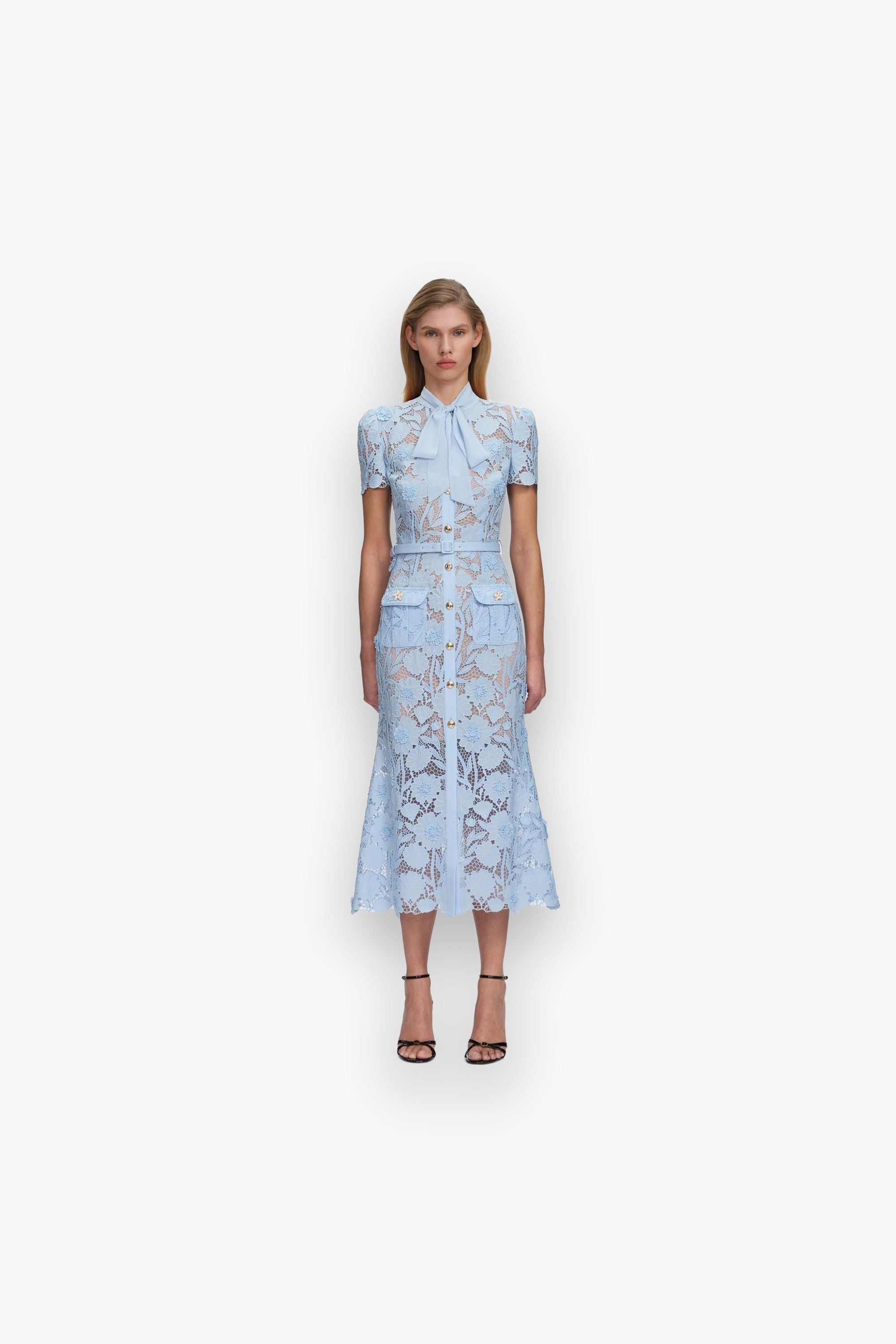 BLUE LACE TIE NECK MIDI DRESS SELF-PORTRAIT