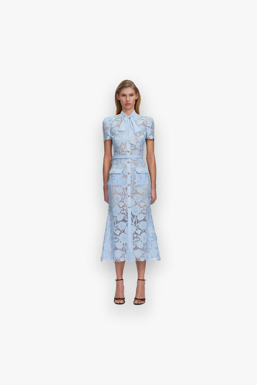 BLUE LACE TIE NECK MIDI DRESS SELF-PORTRAIT