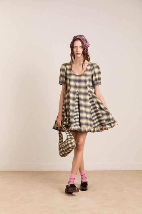 SABINA MINI GODET DRESS - CARDAMON MIX CHECK Damson Madder