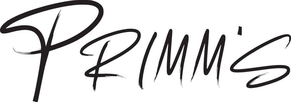 A black and white image showing the word "Primm's" written in a stylized, cursive font.