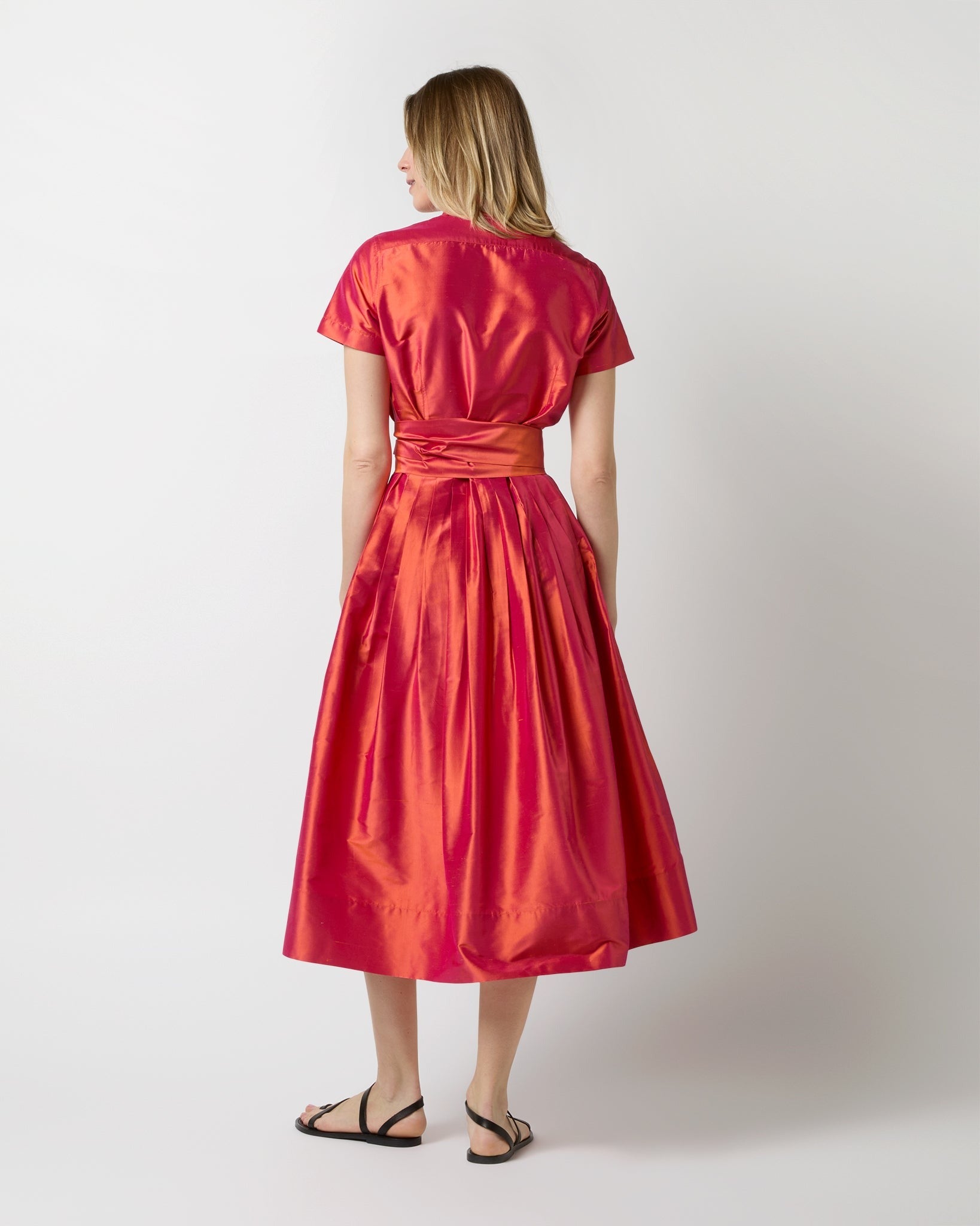 Ann Mashburn Short Sleeve Classic Shirtwaist Dress Tomato Iridescent Silk Shantung
