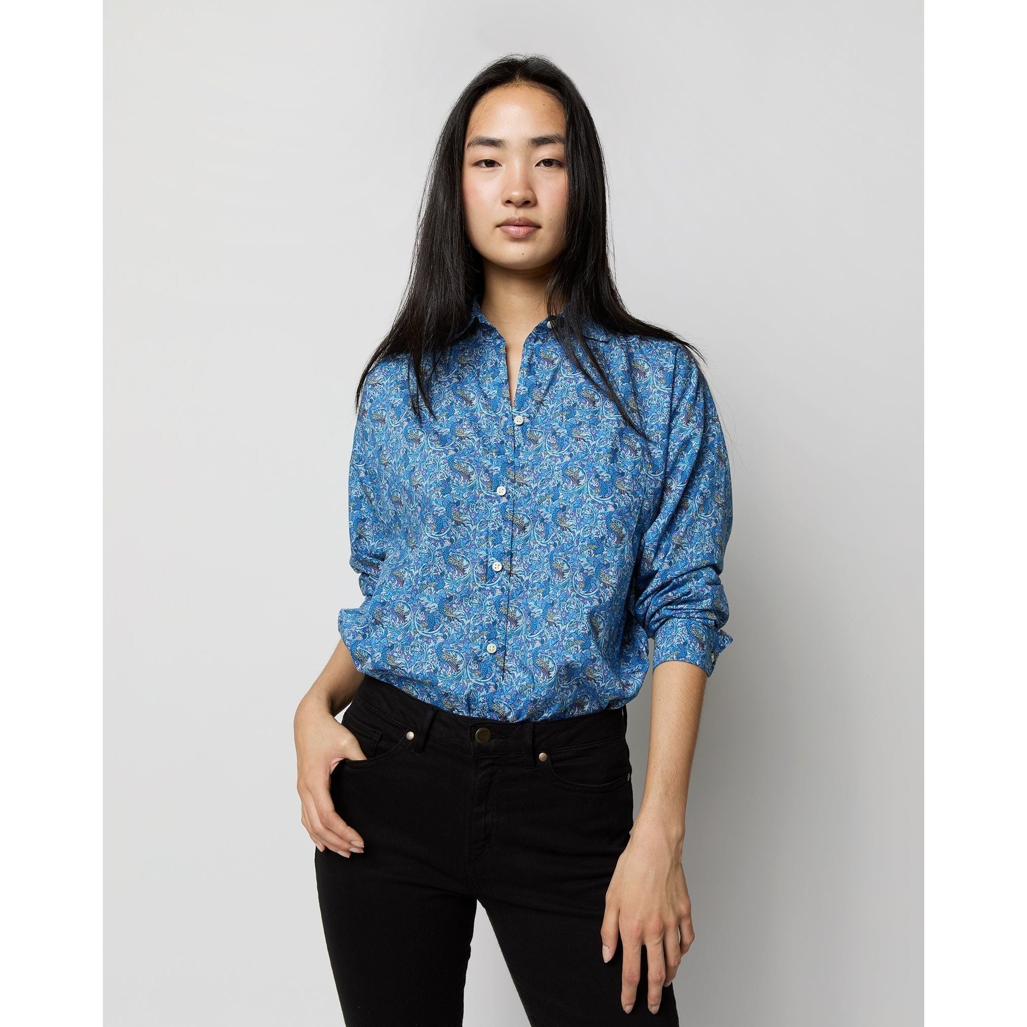 Ann Mashburn Weekender Shirt Blue Eden's Awakening Liberty Fabric