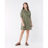 Ann Mashburn Elbow-Sleeve Frill Dress Olive/Multi Forest Printed Twill