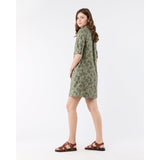 Ann Mashburn Elbow-Sleeve Frill Dress Olive/Multi Forest Printed Twill