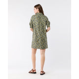 Ann Mashburn Elbow-Sleeve Frill Dress Olive/Multi Forest Printed Twill