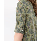 Ann Mashburn Elbow-Sleeve Frill Dress Olive/Multi Forest Printed Twill