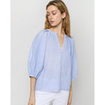 Light Gray Ann Mashburn Victoria Blouse Sky/White Small Bengal Stripe Linen