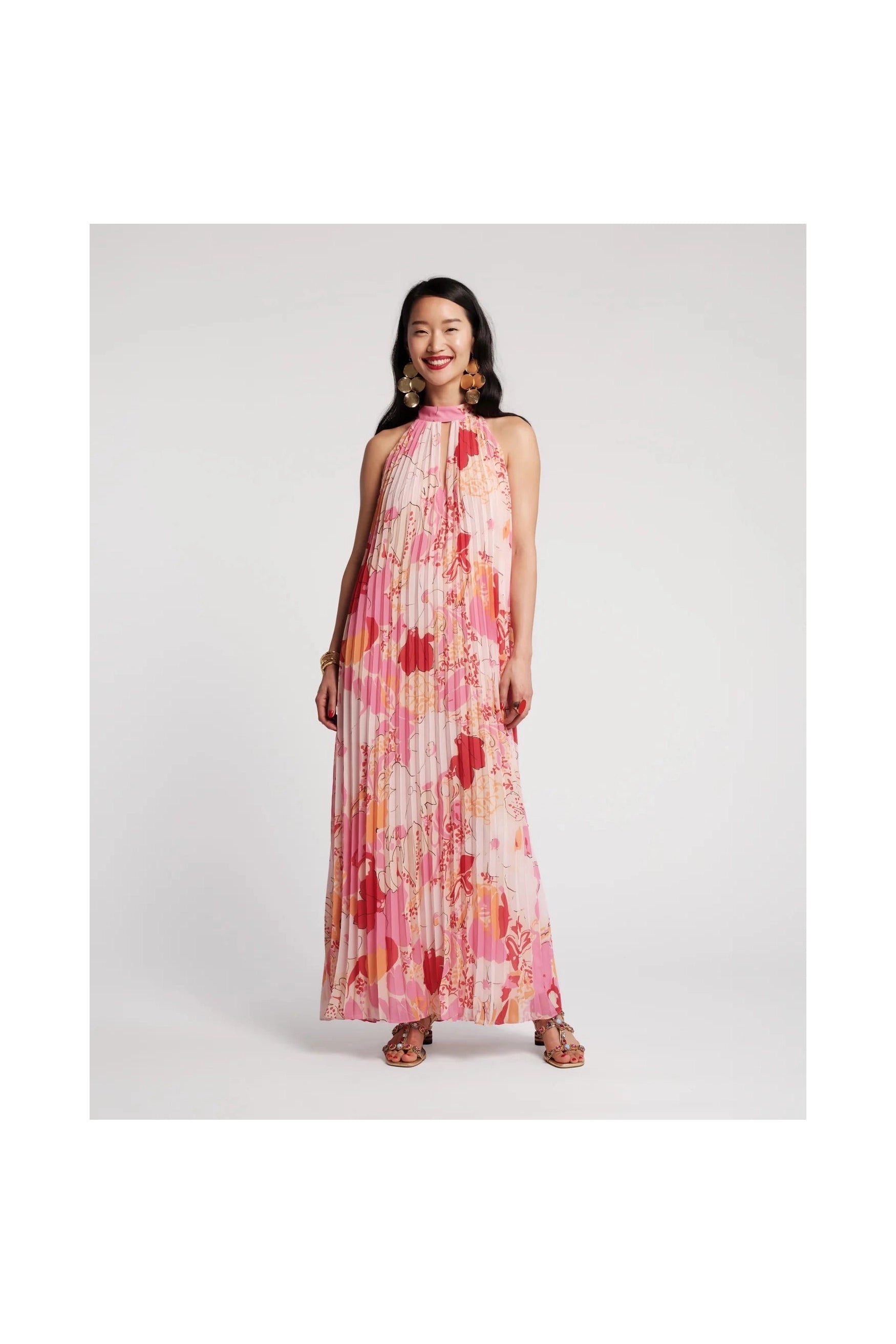 Slim Pleated Maxi Dress Wild Tulip Poly Pink/Multi Frances Valentine