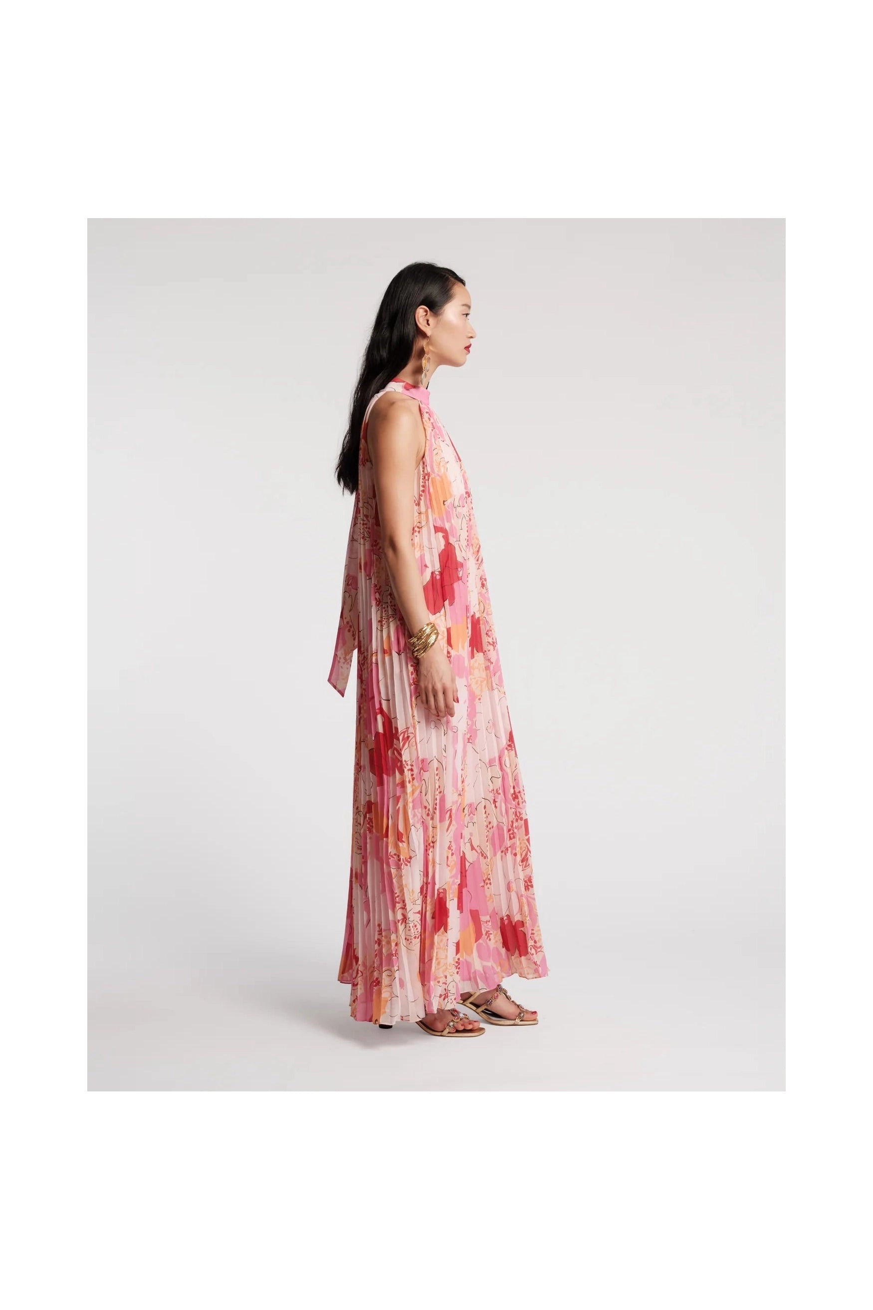 Slim Pleated Maxi Dress Wild Tulip Poly Pink/Multi Frances Valentine