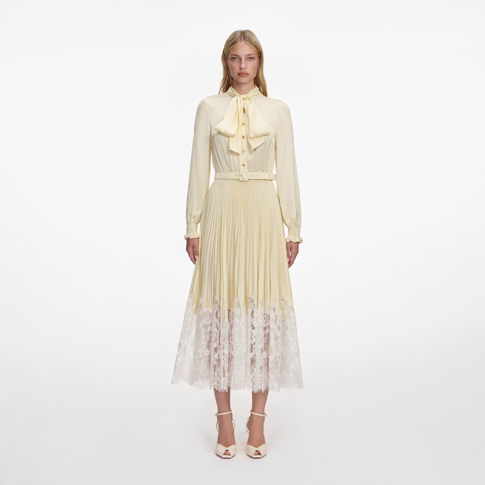 YELLOW SATIN LACE MIDI DRESS SELF-PORTRAIT