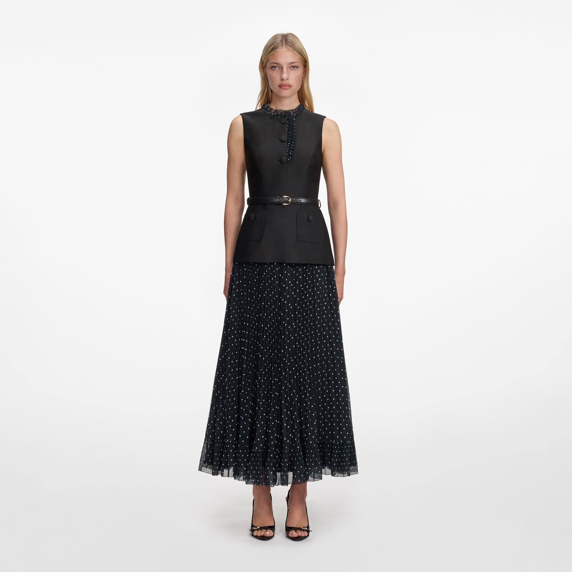 BLACK TAFFETA POLKA DOT MIDI DRESS SELF-PORTRAIT