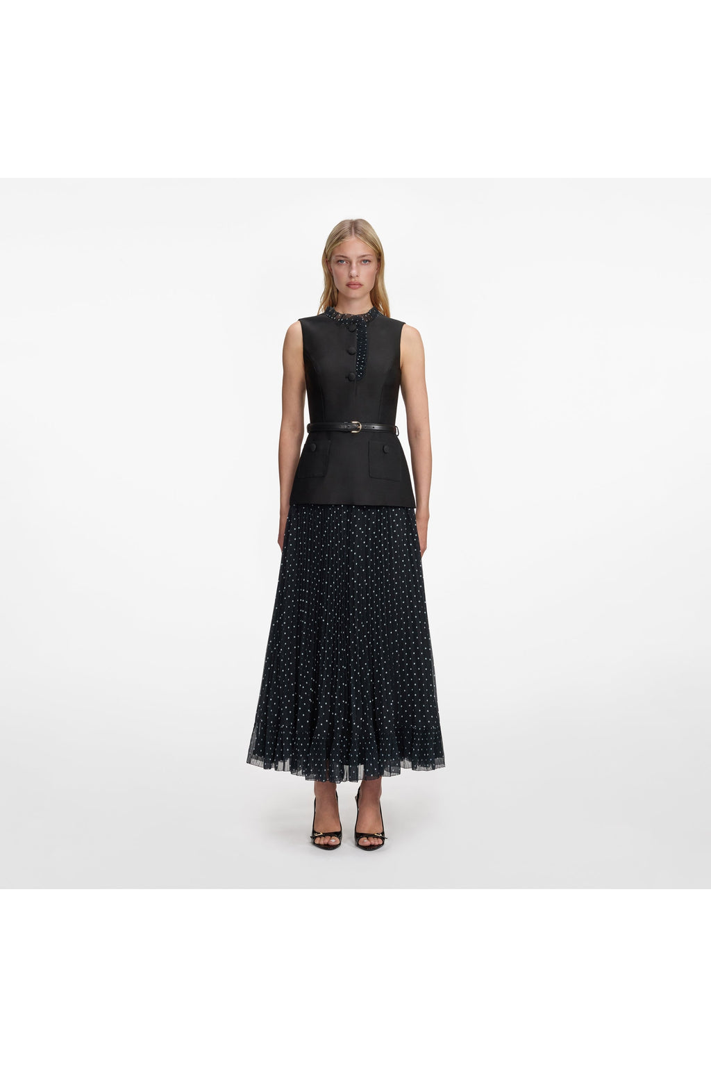 BLACK TAFFETA POLKA DOT MIDI DRESS SELF-PORTRAIT