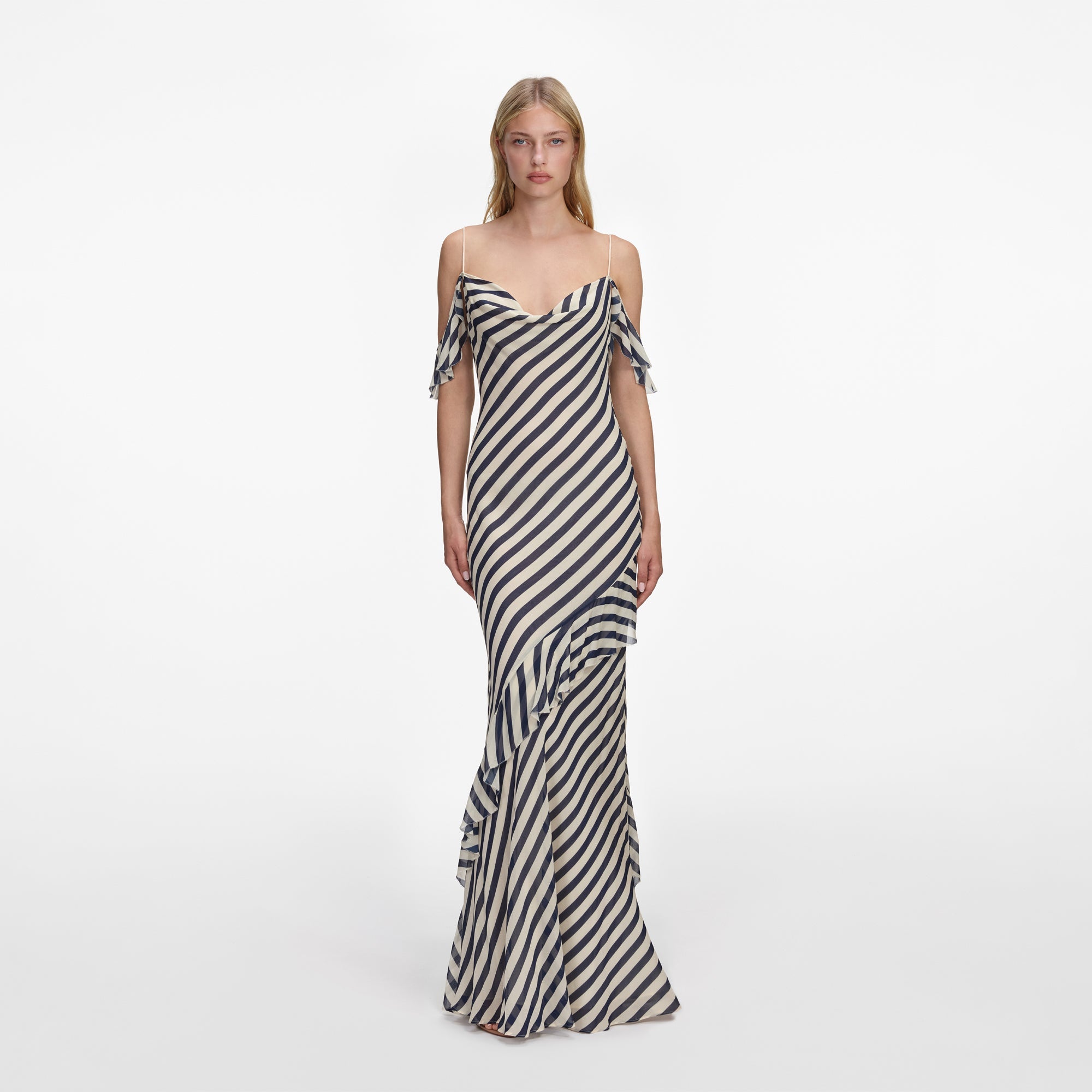 NAVY STRIPE GEORGETTE MAXI DRESS SELF-PORTRAIT