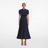 NAVY POLKA DOT SATIN MIDI DRESS SELF-PORTRAIT