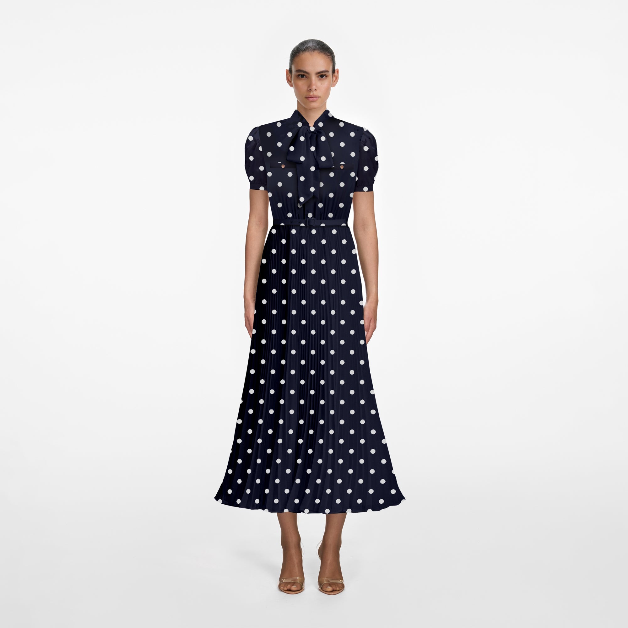 NAVY POLKA DOT SATIN MIDI DRESS SELF-PORTRAIT