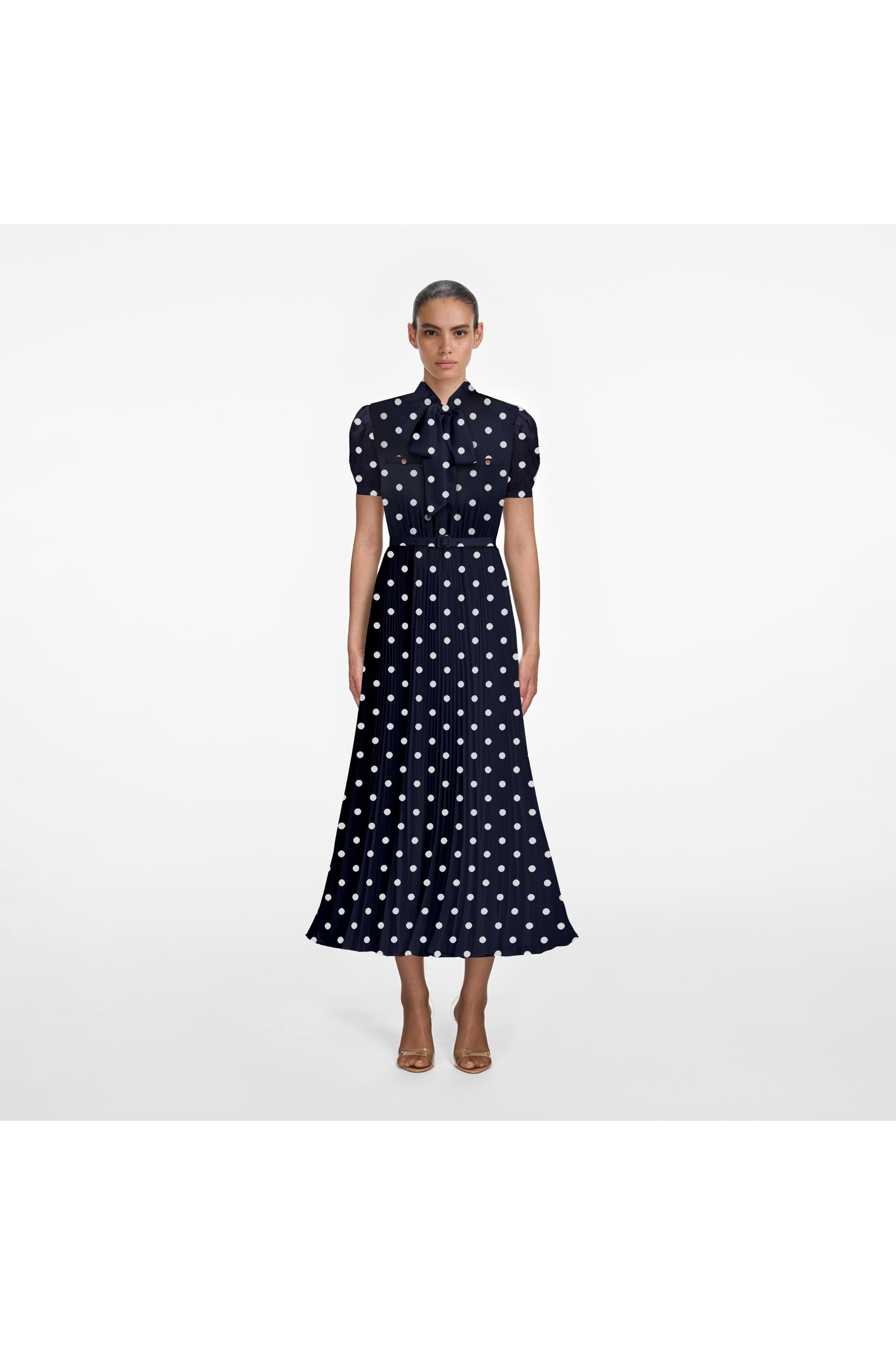 NAVY POLKA DOT SATIN MIDI DRESS SELF-PORTRAIT