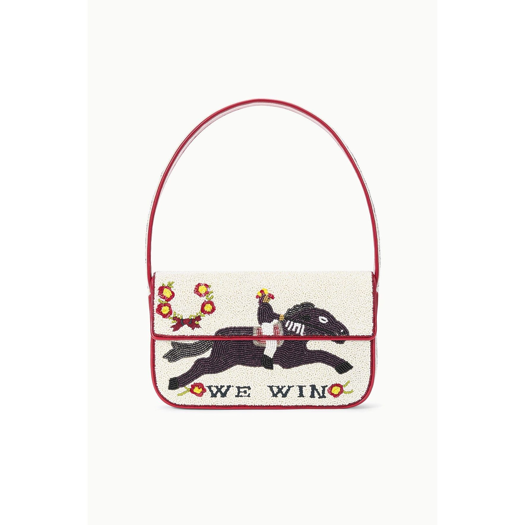 Handbag with horse and rider design and 'We Win' text on a white background
