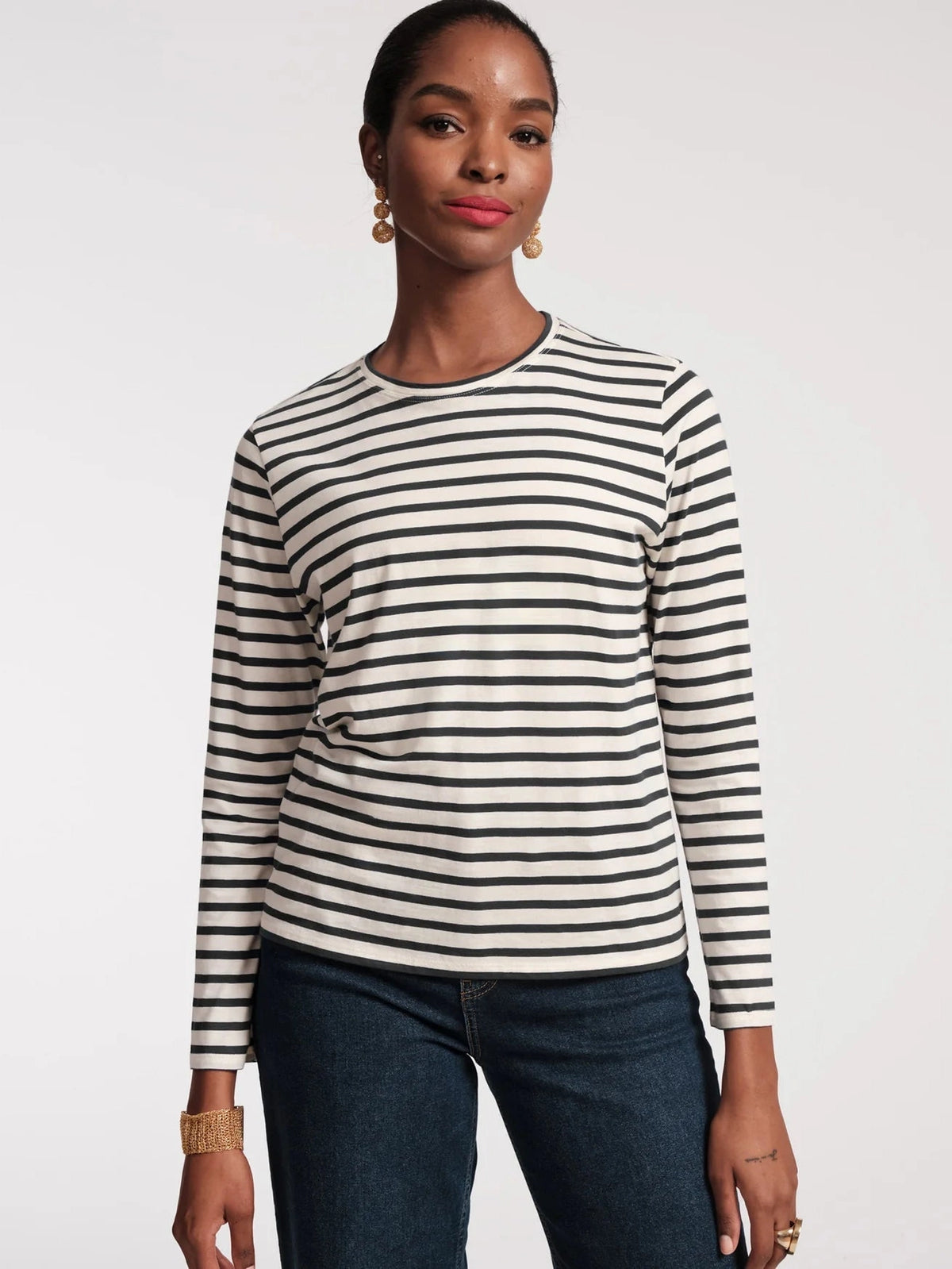 Long Sleeve Striped T Shirt Oyster/Black Frances Valentine