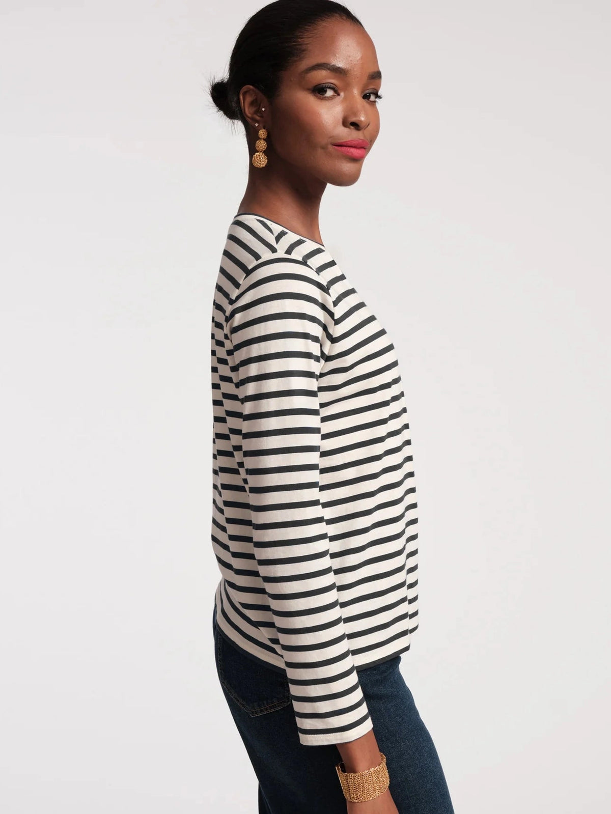 Long Sleeve Striped T Shirt Oyster/Black Frances Valentine