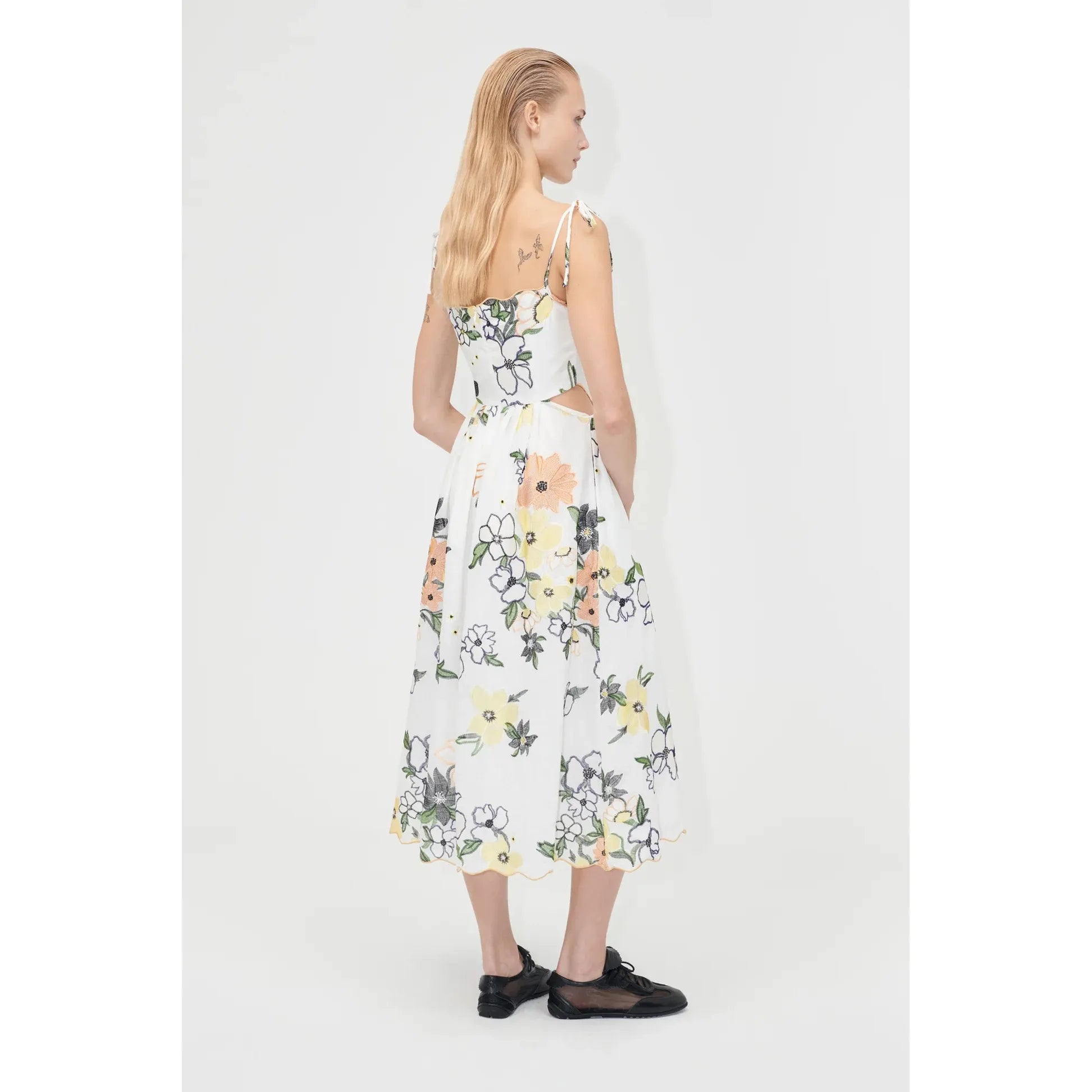 Beige Stine Goya Scalloped Cut Out Dress - Wild Flowers Embroidery