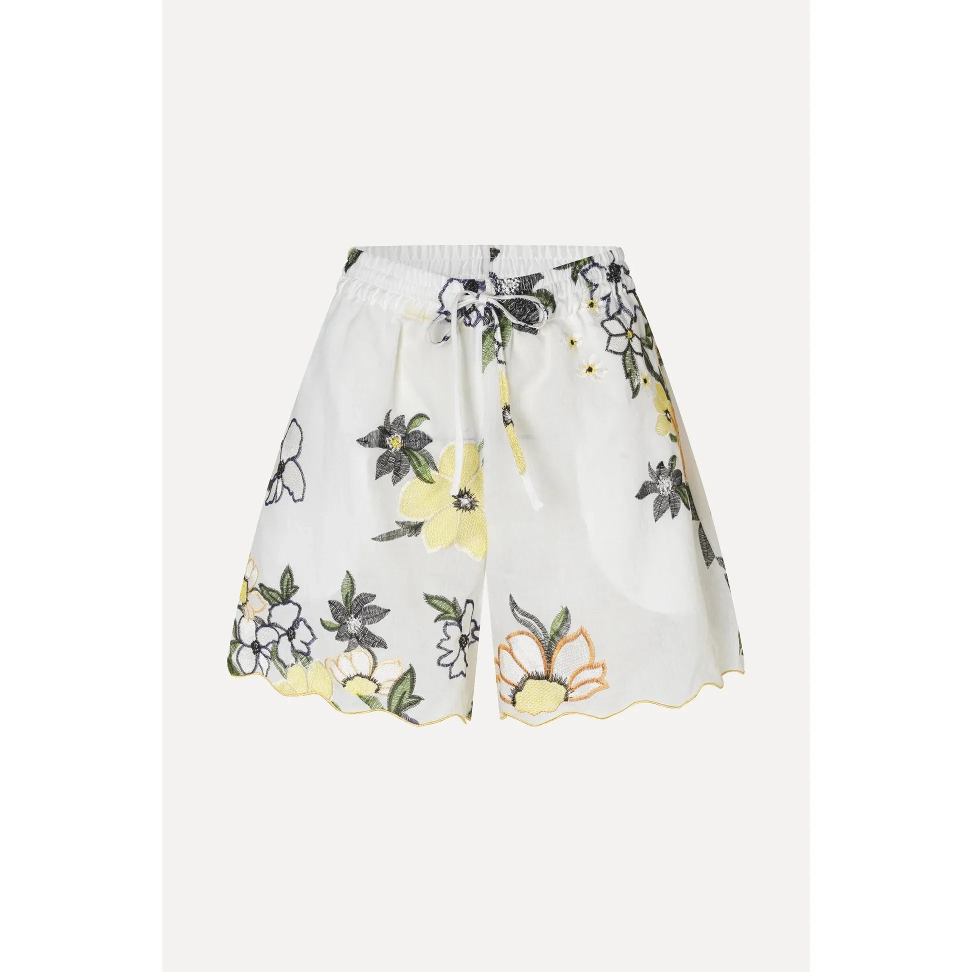 White Smoke Stine Goya Scalloped Elasticated Waistband Shorts - Wild Flowers Embroidery