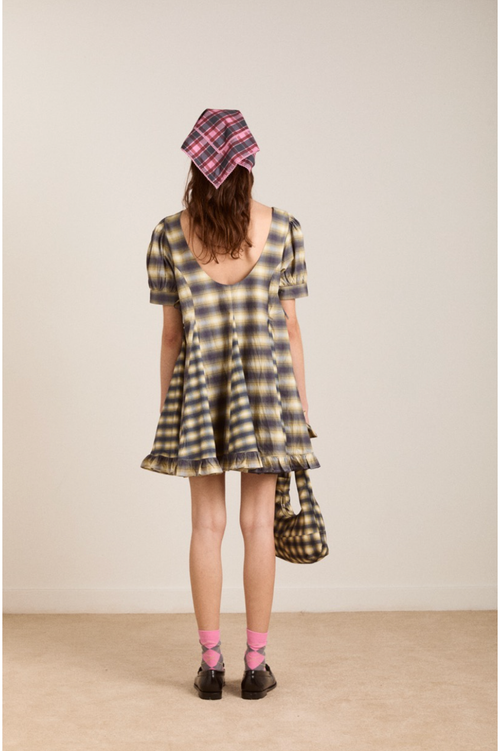 SABINA MINI GODET DRESS - CARDAMON MIX CHECK Damson Madder